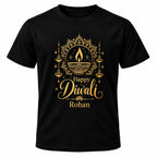 Black personalised Happy Diwali T-shirt with gold traditional lamp design, circular festive pattern and custom name Rohan underneath.