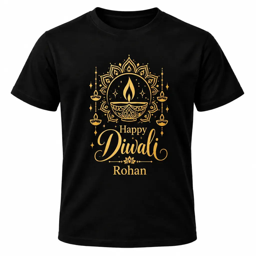 Black personalised Happy Diwali T-shirt with gold traditional lamp design, circular festive pattern and custom name Rohan underneath.