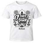 White personalised Diwali Squad T-shirt with black slogan, custom name, fireworks and traditional Diwali lamp illustrations