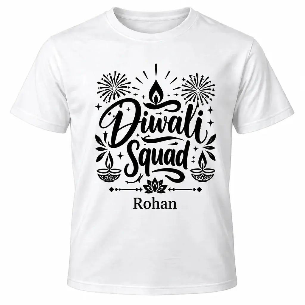 White personalised Diwali Squad T-shirt with black slogan, custom name, fireworks and traditional Diwali lamp illustrations