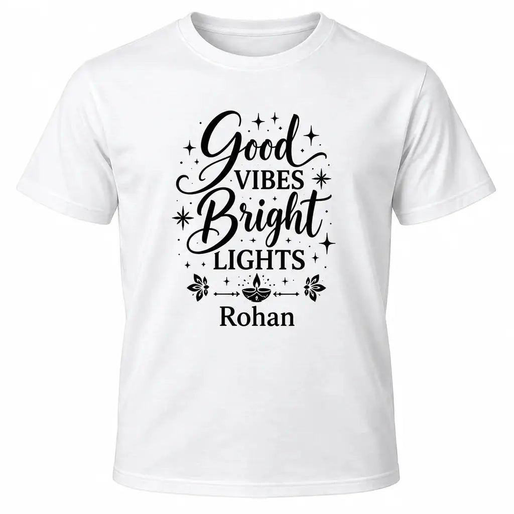 White personalised Diwali Good Vibes Bright Lights T-shirt with black lettering, diya, hanging lanterns, fireworks and custom name Rohan.