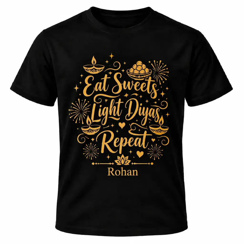 Black personalised Diwali T-shirt with gold Eat Sweets Light Diyas Repeat design, decorative oil lamps, fireworks and custom name.