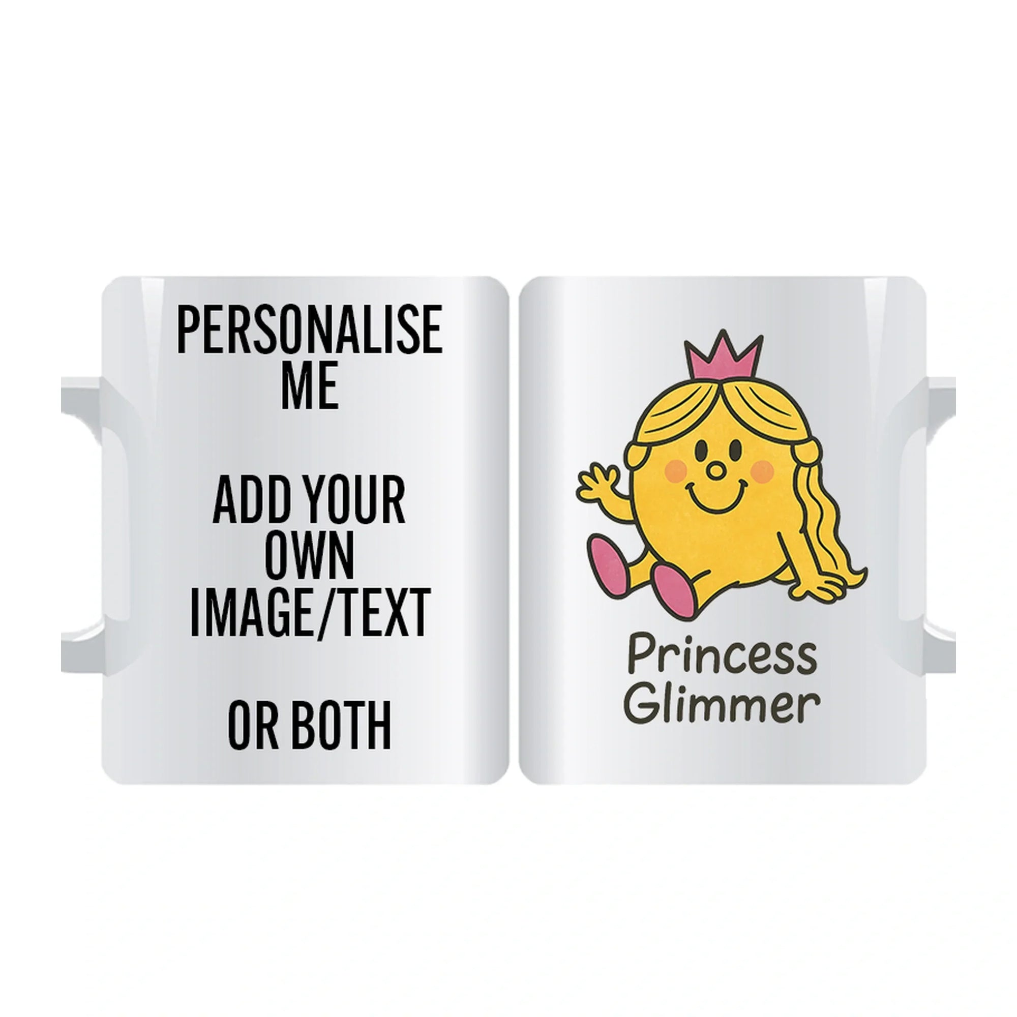 Elegant Princess Glimmer personalised mug with golden hair and crown – custom coffee cup with name, message, or image option