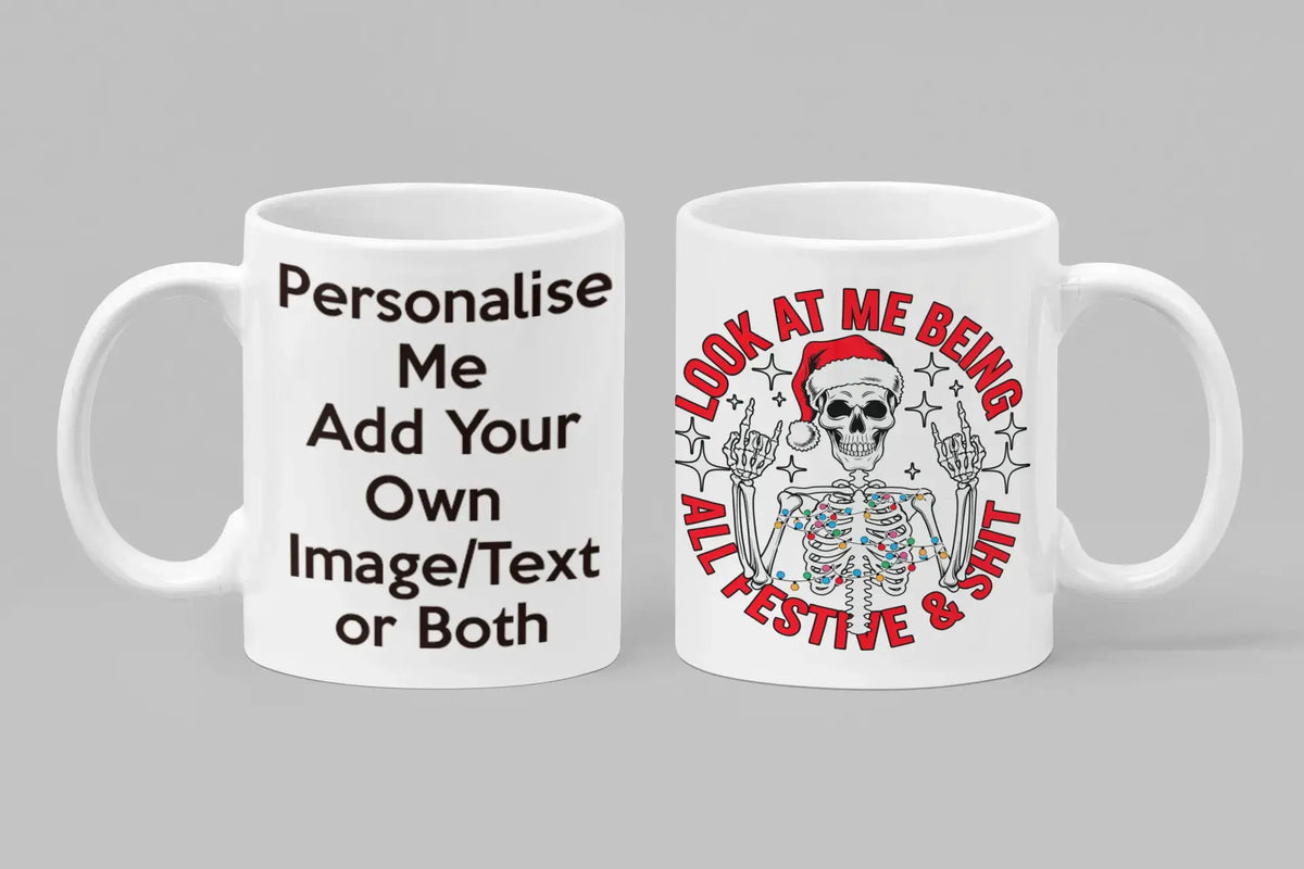 Festive skeleton Christmas mug with Santa hat – personalised funny gothic holiday gift