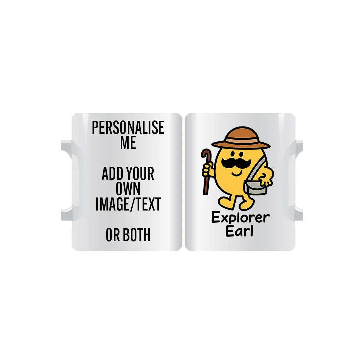 Explorer Earl personalised mug featuring adventurous moustached character with hat, satchel, and walking stick – custom outdoor coffee cup
