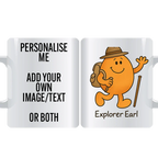 Explorer Earl Wanderer personalised mug with walking stick and backpack – custom travel character coffee cup