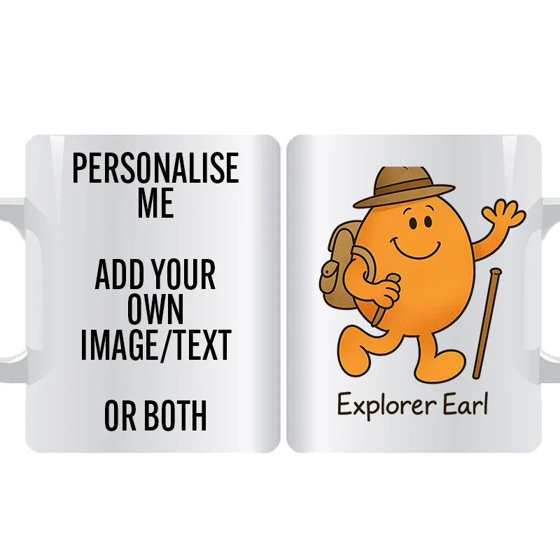 Explorer Earl Wanderer personalised mug with walking stick and backpack – custom travel character coffee cup