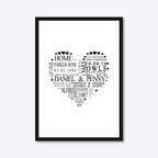 Personalised Family Heart Word Art – Names & Dates – A3 – black frame