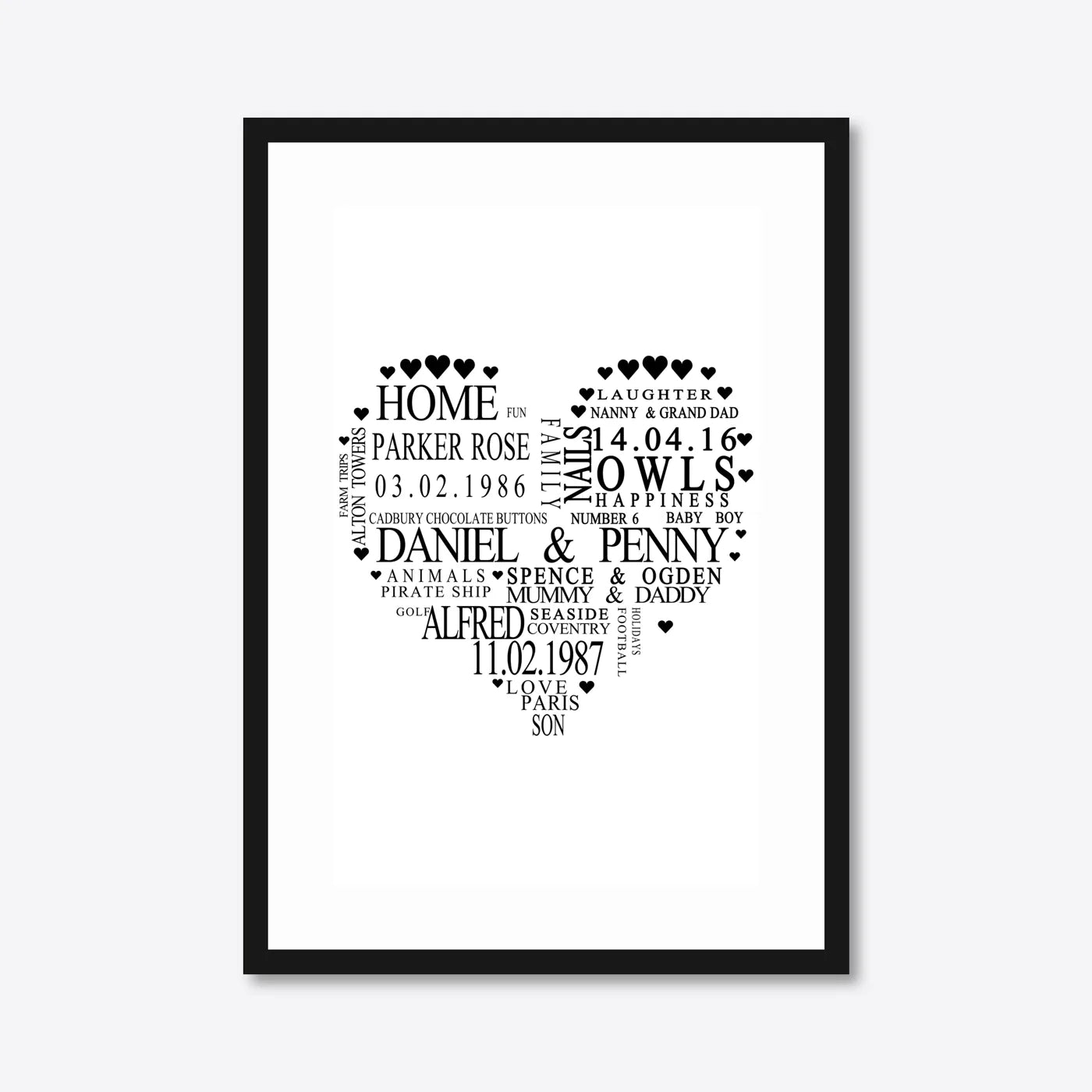Personalised Family Heart Word Art – Names & Dates – A3 – black frame