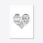 Personalised Family Heart Word Art – Names & Dates – A3 – white frame