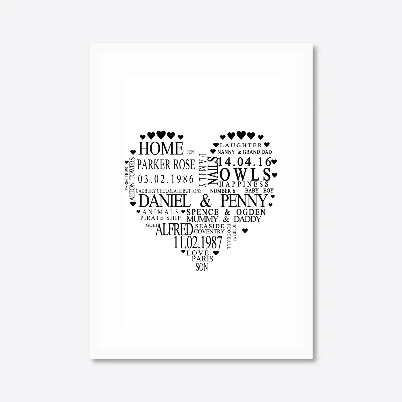 Personalised Family Heart Word Art – Names & Dates – A3 – white frame
