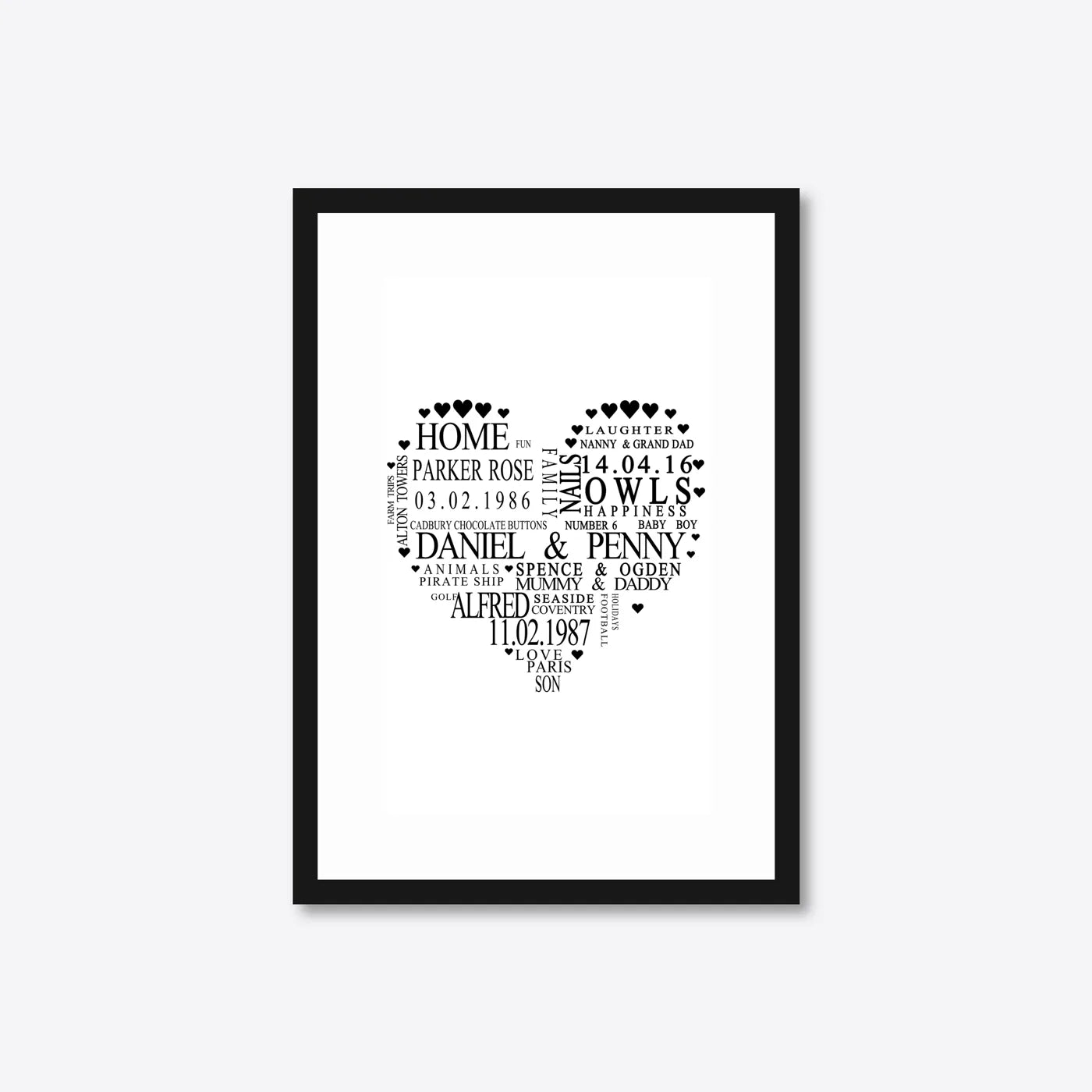 Personalised Family Heart Word Art – Names & Dates – A4 – black frame
