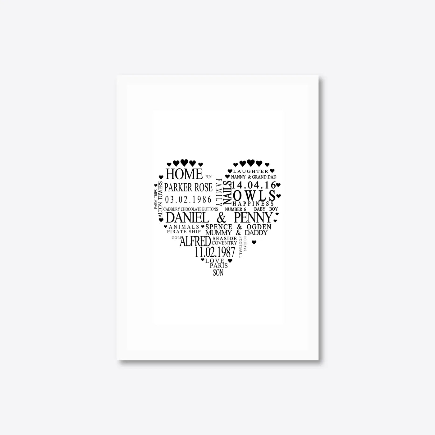 Personalised Family Heart Word Art – Names & Dates – A4 – white frame