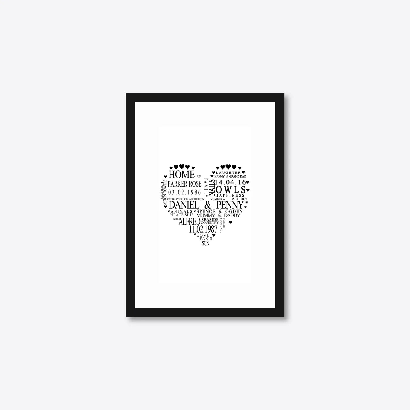 Personalised Family Heart Word Art – Names & Dates – A5 – black frame