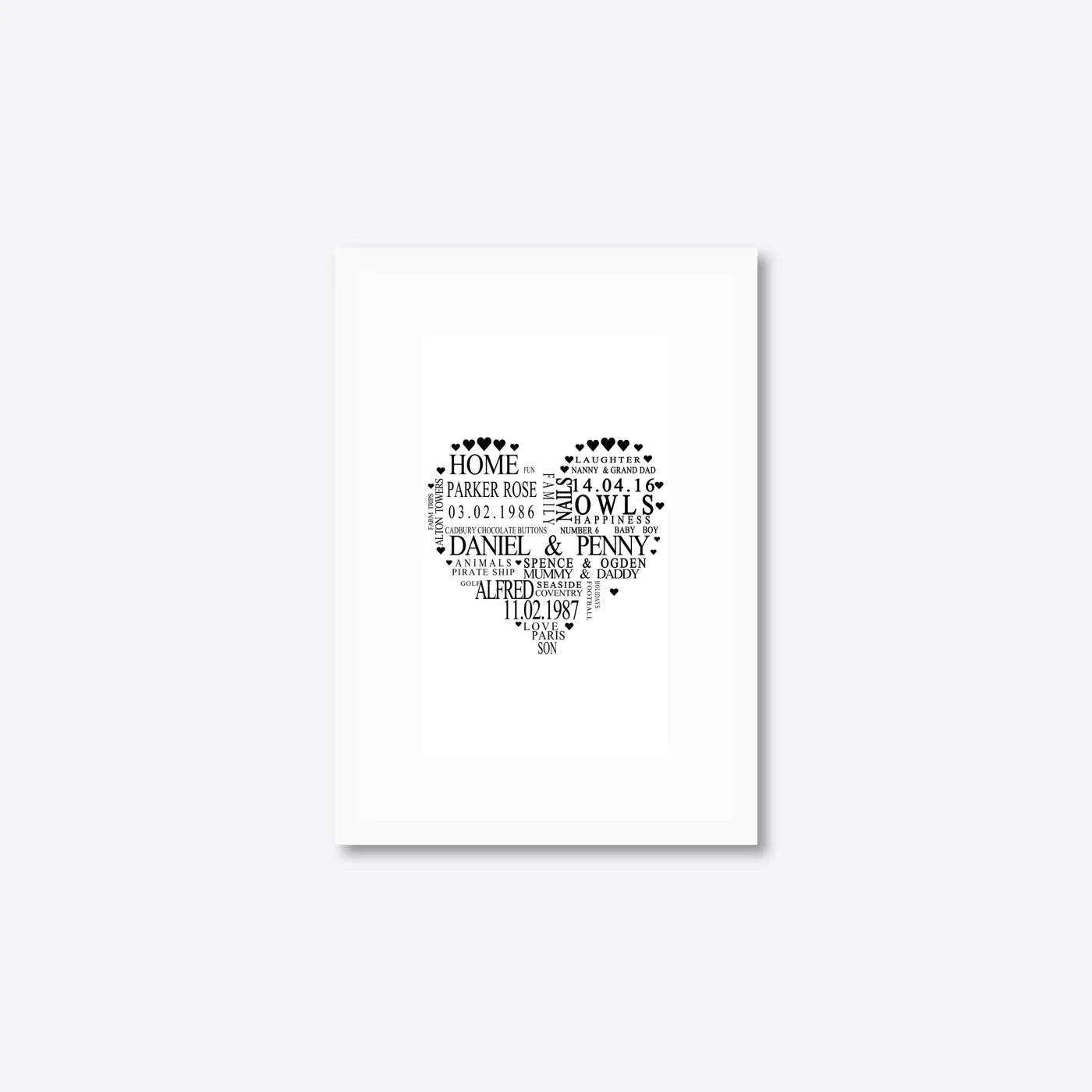 Personalised Family Heart Word Art – Names & Dates – A5 – white frame