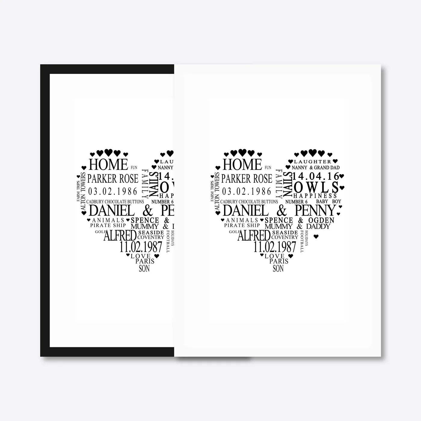 Personalised Family Heart Word Art – Names & Dates – black & white frames side-by-side