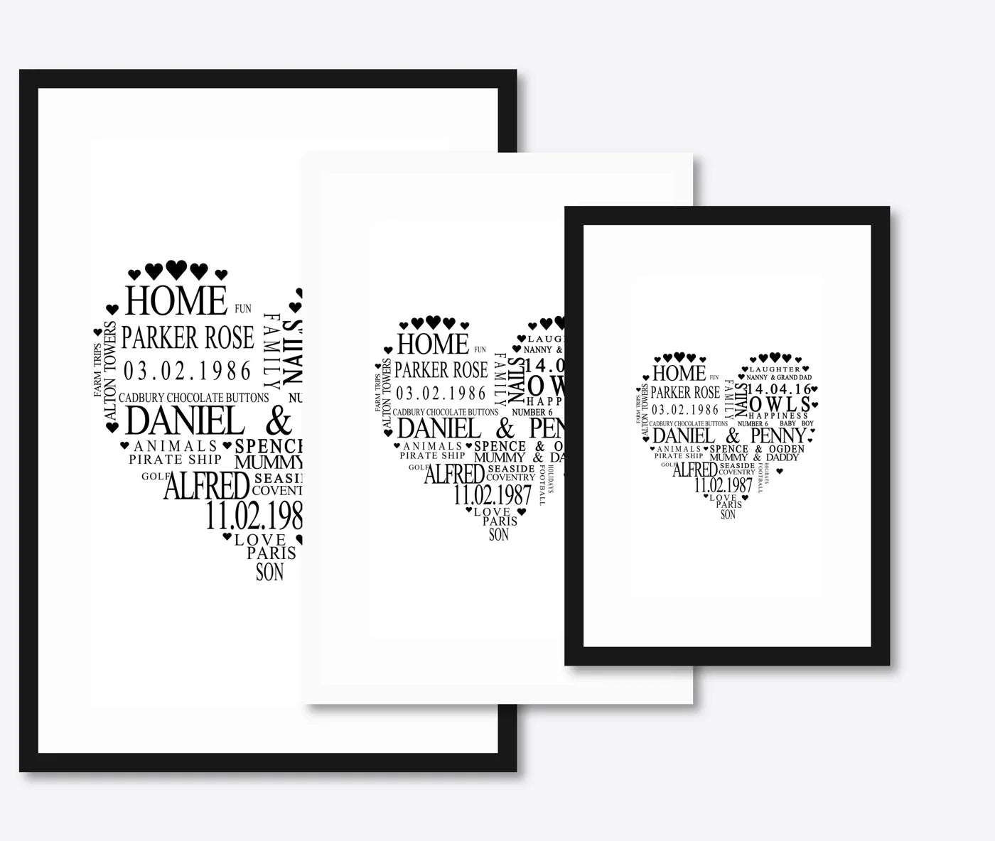 Personalised Family Heart Word Art – Names & Dates – size lineup A3, A4, A5