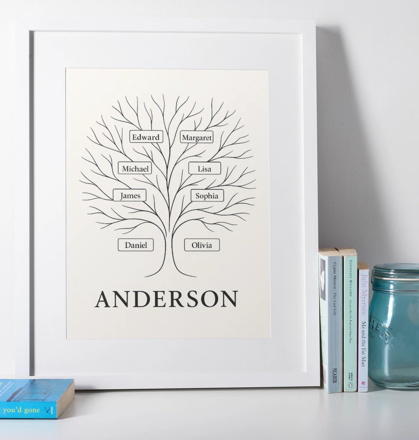 Custom family tree wall art featuring hand-drawn branches and nameplates.