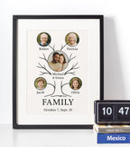 Custom family tree portrait print with personalised photos and names, ideal sentimental gift for parents and grandparents.