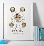 Personalised family tree wall art featuring multiple family pictures arranged on illustrated branches, perfect for meaningful home décor.