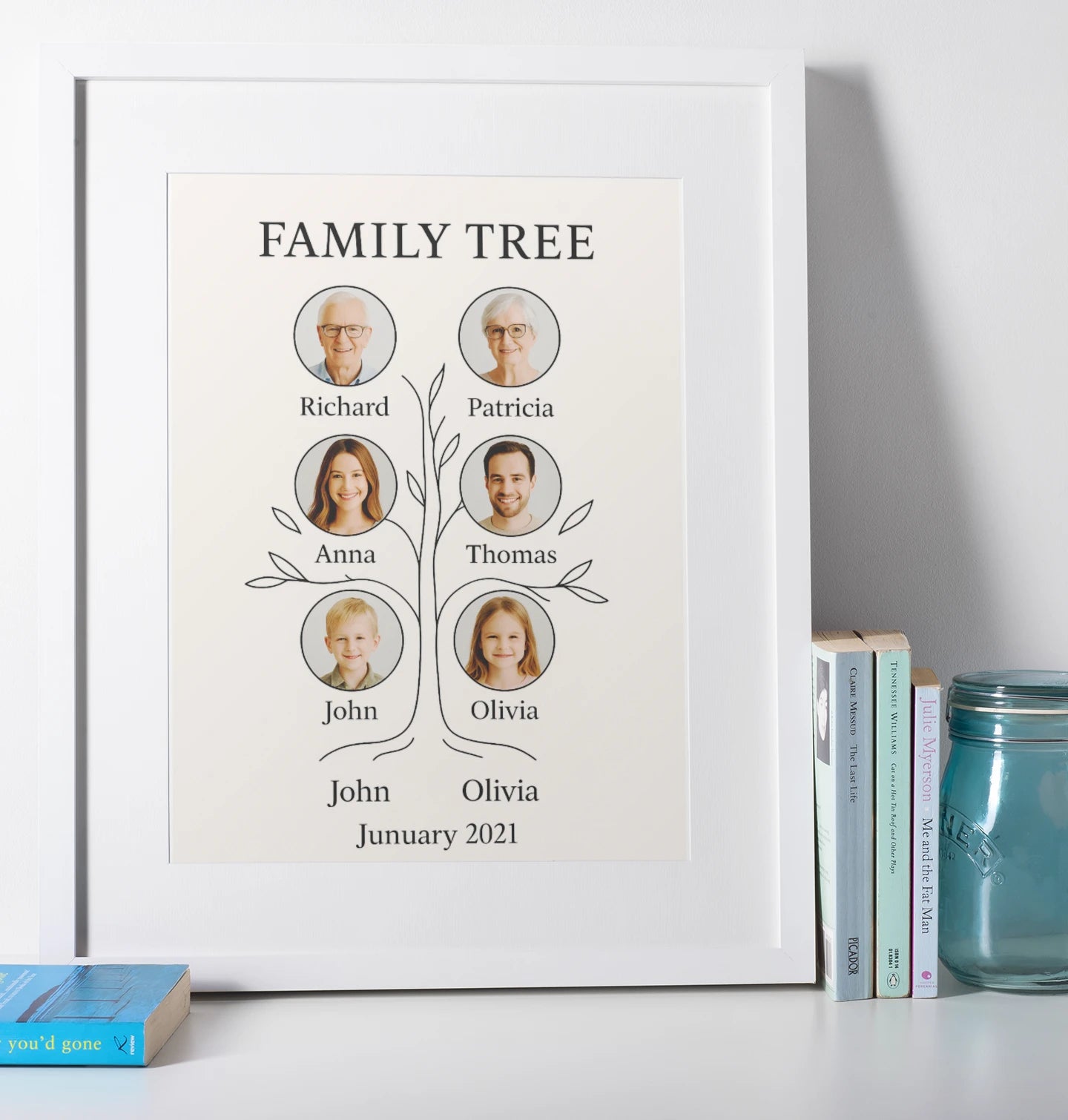 Personalised family tree photo print with custom names and portraits.