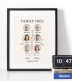 Custom family tree wall art featuring family photos and names on branches.