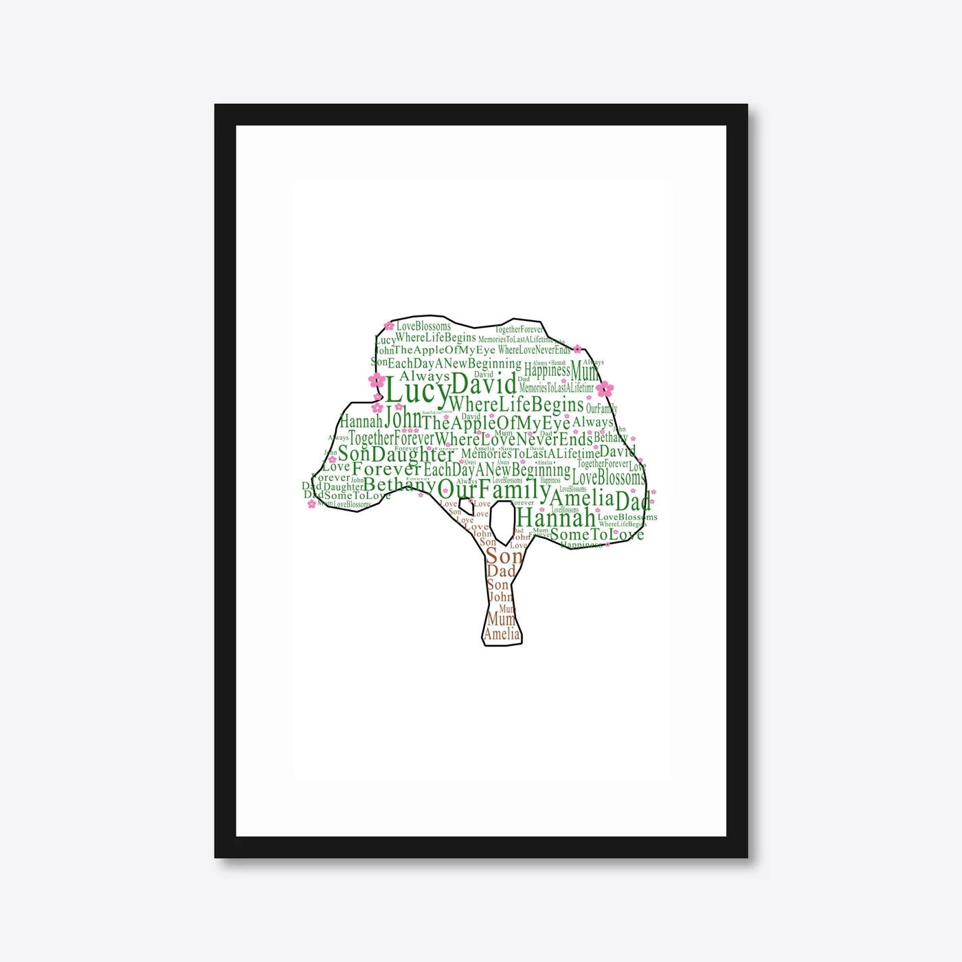 Personalised Family Tree Word Art – Names & Blossoms – A3 – black frame