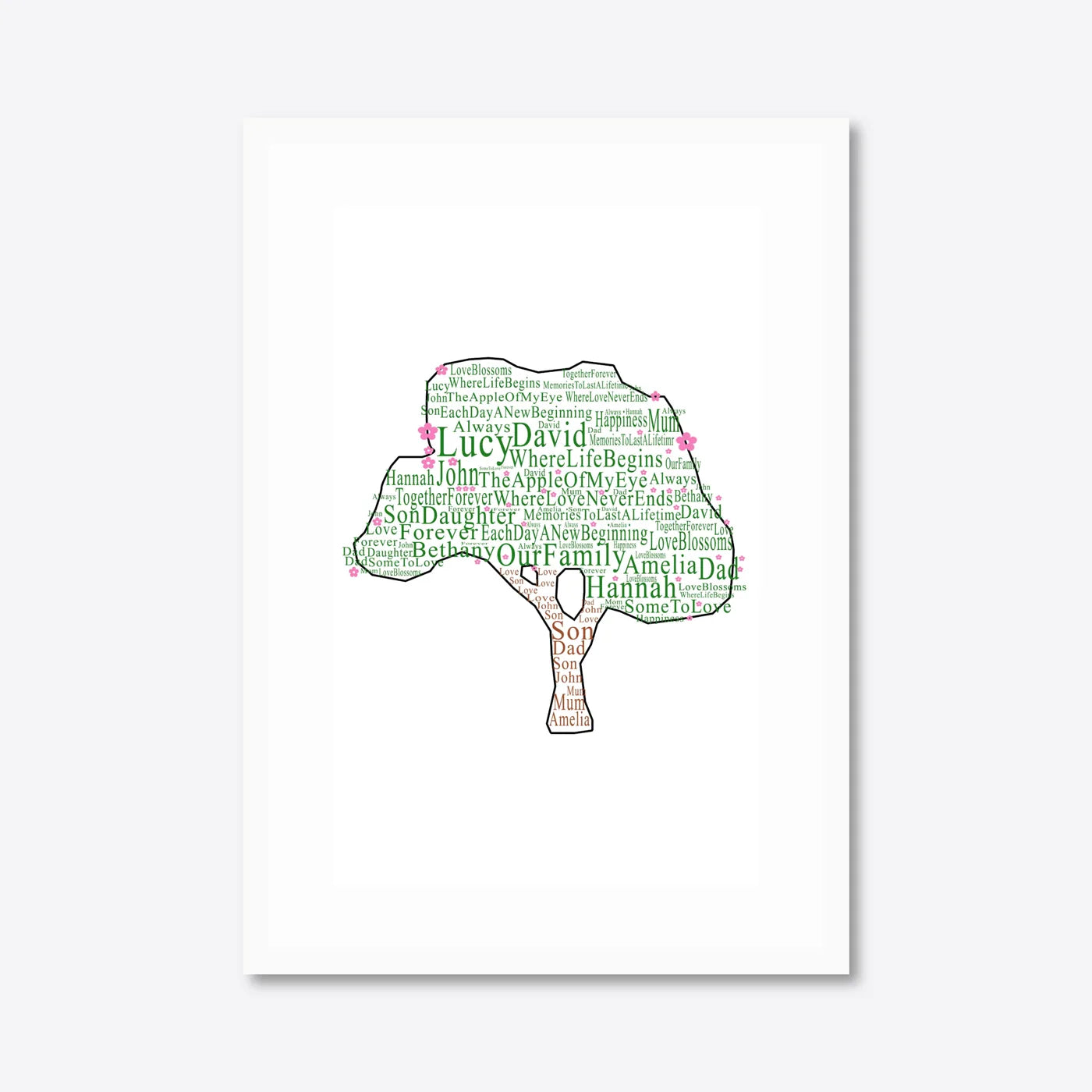 Personalised Family Tree Word Art – Names & Blossoms – A3 – white frame