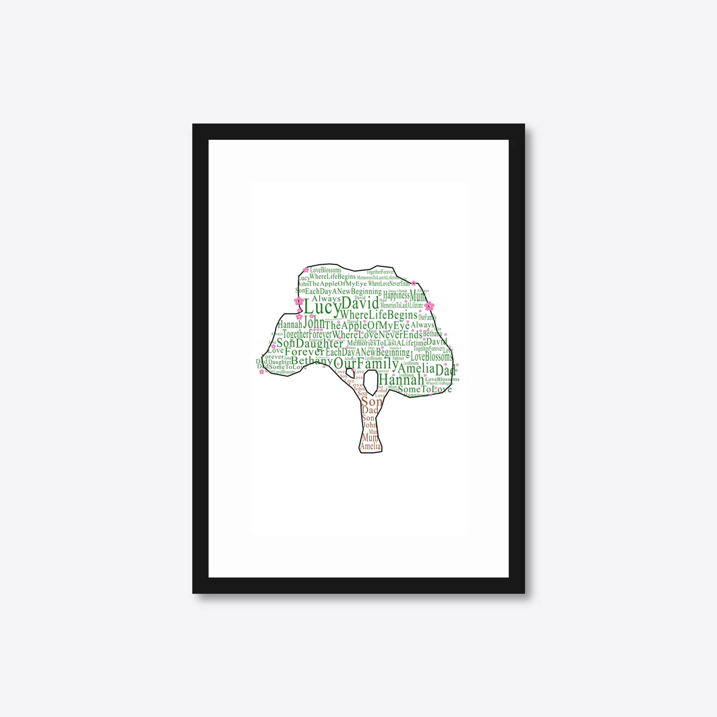 Personalised Family Tree Word Art – Names & Blossoms – A4 – black frame