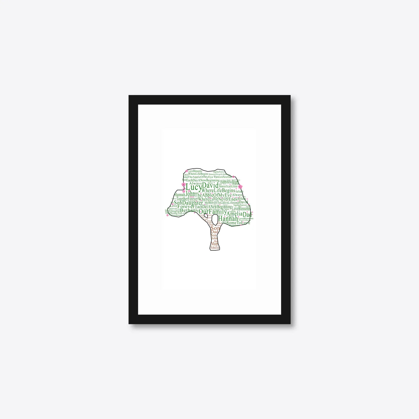 Personalised Family Tree Word Art – Names & Blossoms – A5 – black frame