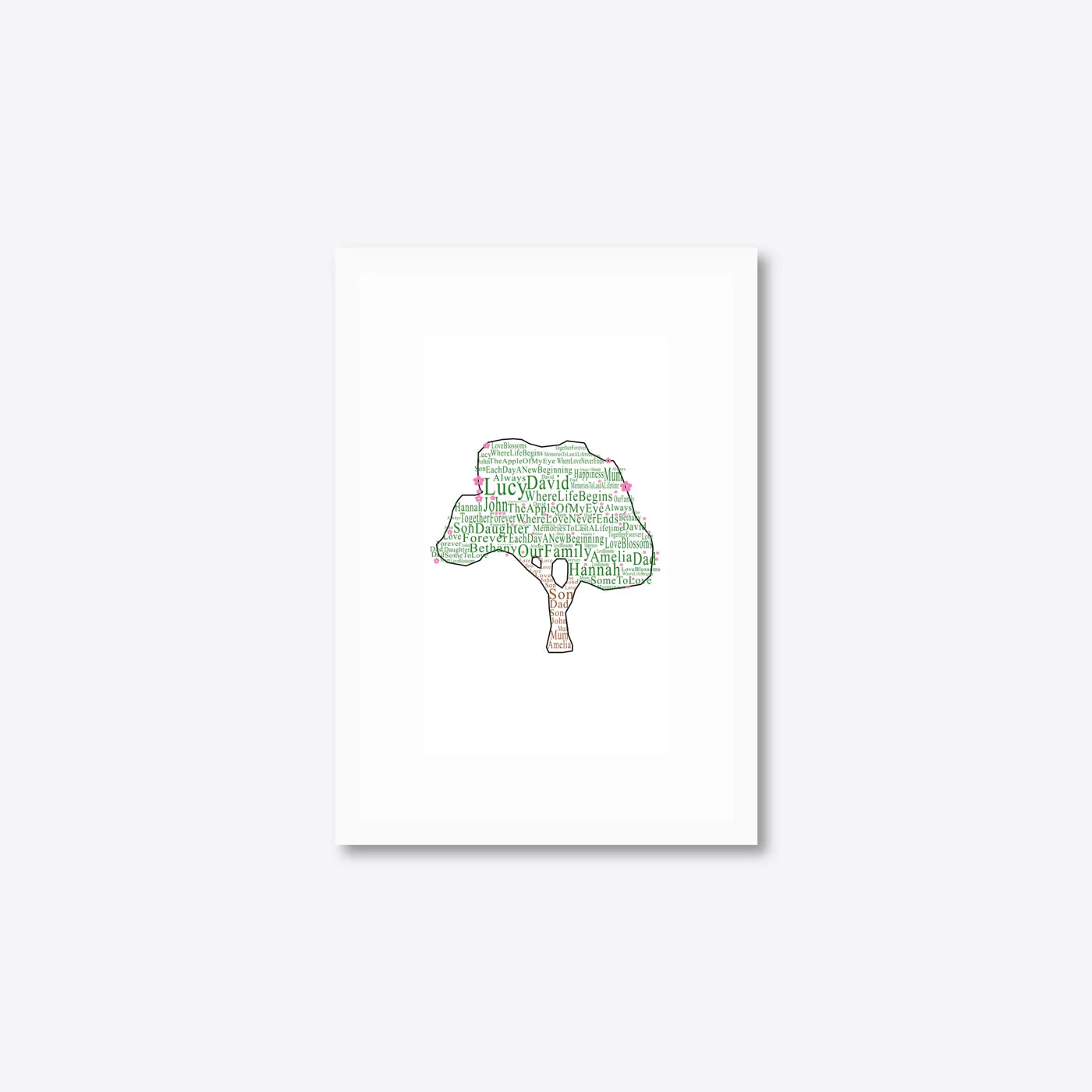 Personalised Family Tree Word Art – Names & Blossoms – A5 – white frame