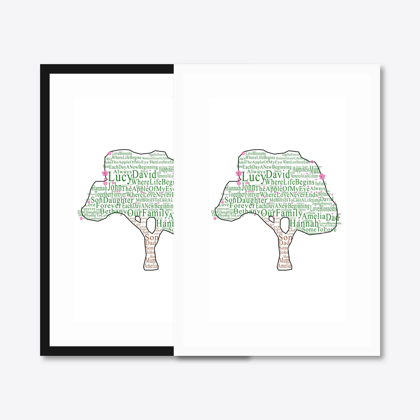 Personalised Family Tree Word Art – Names & Blossoms – black & white frames side-by-side