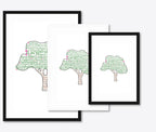 Personalised Family Tree Word Art – Names & Blossoms – size lineup A3, A4, A5