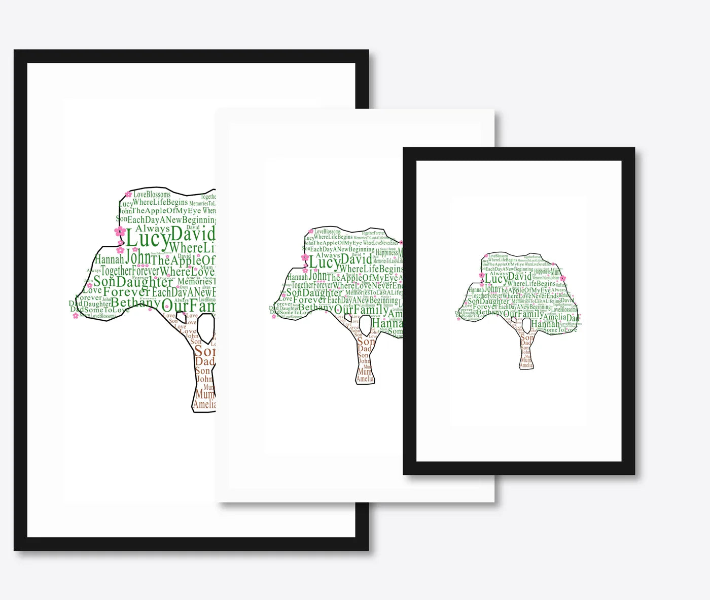 Personalised Family Tree Word Art – Names & Blossoms – size lineup A3, A4, A5