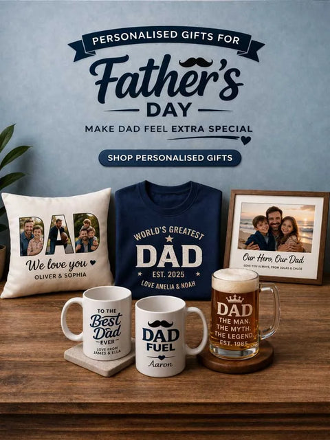 Unique personalised Fathers Day gifts for him including photo cushions, mugs, tankard beer glass, t-shirt and framed prints
