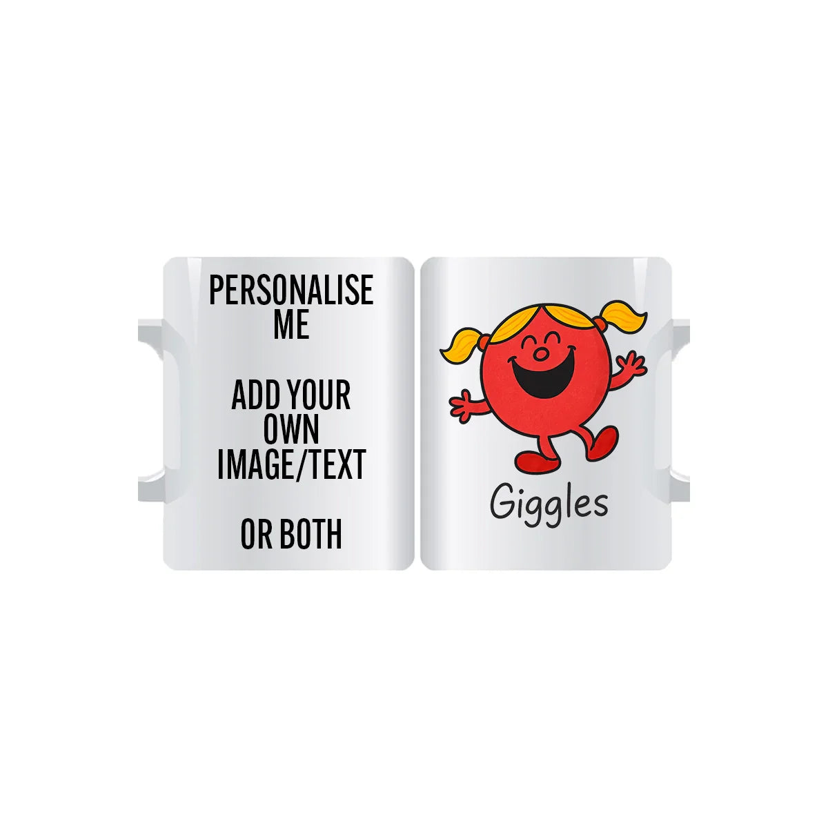 Fearless Miss Giggles personalised red mug featuring a bold red character with yellow pigtails laughing joyfully – fun custom coffee cup gift