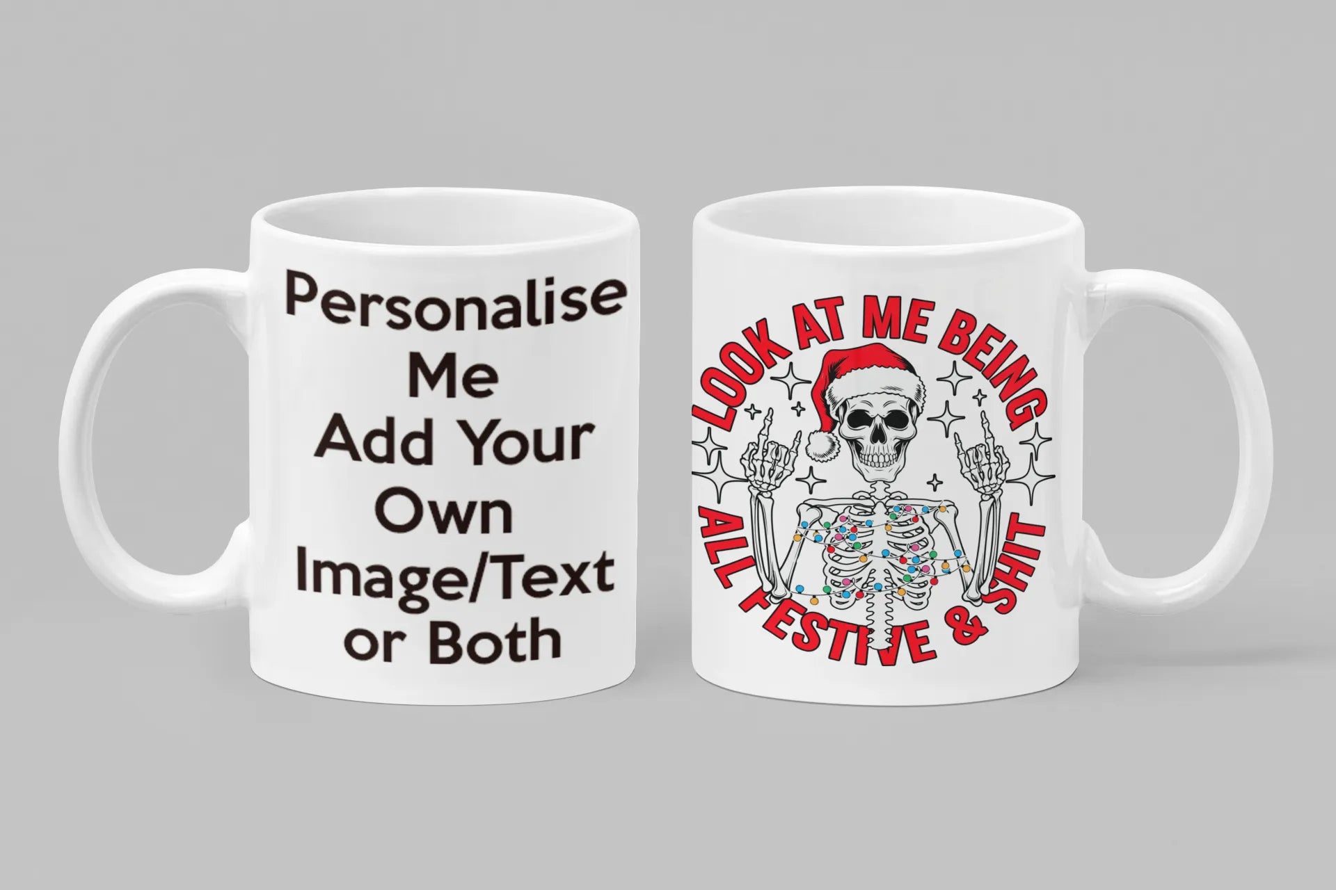 Festive skeleton Christmas mug with Santa hat – personalised funny gothic holiday gift