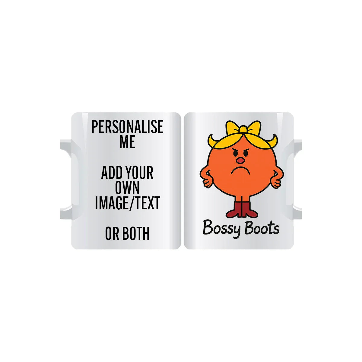 Fiery Miss Bossy Boots personalised mug featuring orange character with blonde bow and red boots, bold ceramic gift with custom text or image