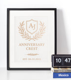 Personalised Valentine’s Day photo frame keepsake gift featuring a custom anniversary crest print in a modern black frame, styled with books and a retro flip clock for romantic home decor.