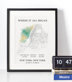 Custom Valentine’s photo frame keepsake gift showing a “Where It All Began” map print with first meeting, proposal and wedding dates, meaningful personalised gift for couples.