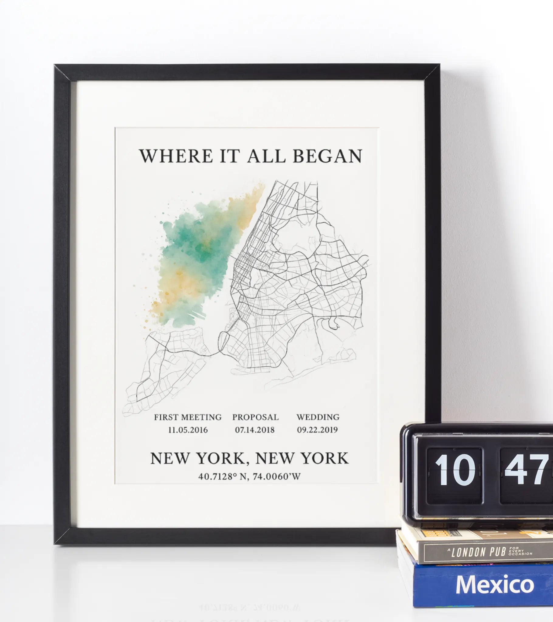 Custom Valentine’s photo frame keepsake gift showing a “Where It All Began” map print with first meeting, proposal and wedding dates, meaningful personalised gift for couples.