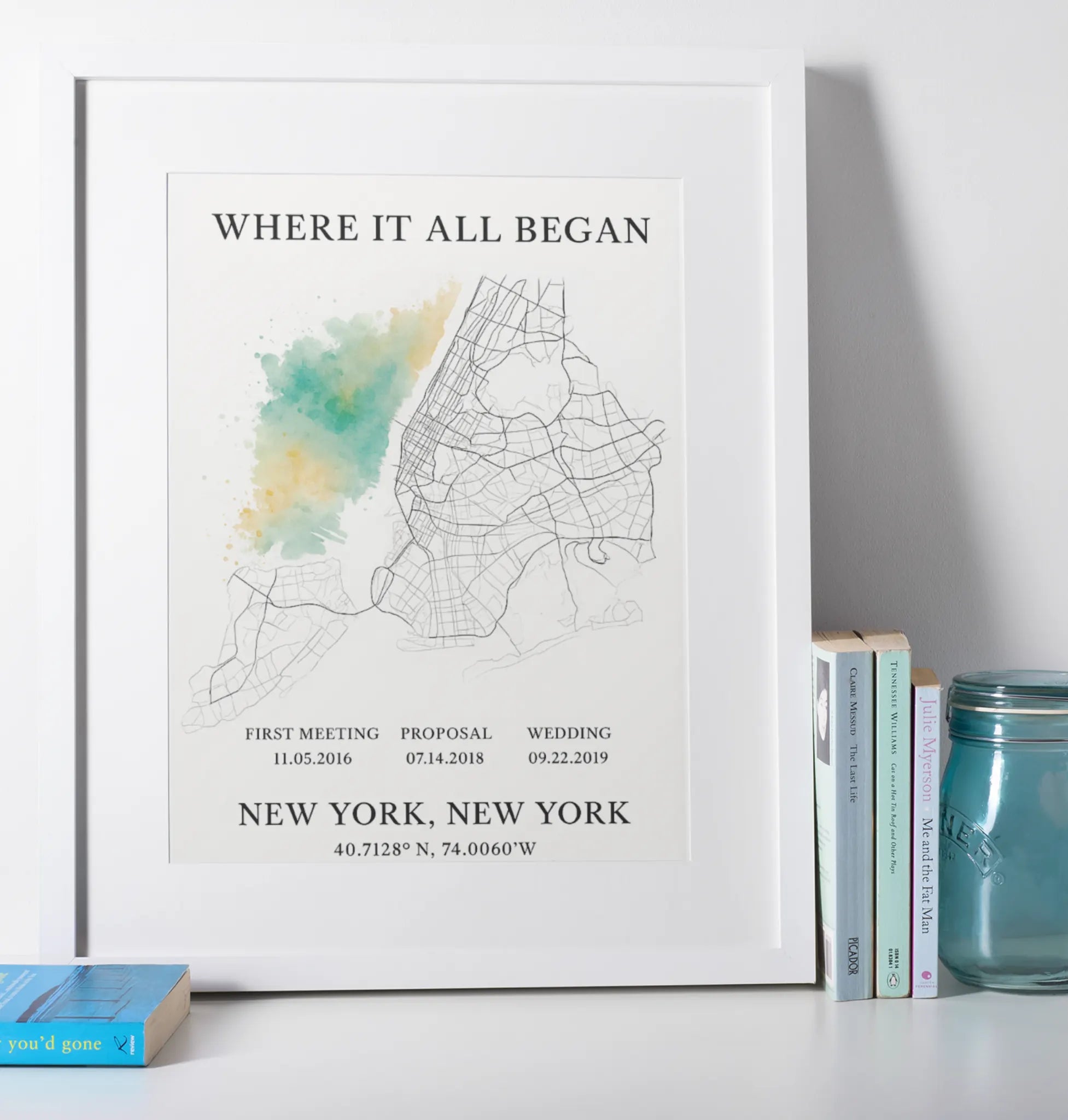 Personalised Valentine’s Day photo frame keepsake gift featuring a custom “Where It All Began” city map print with meaningful dates, romantic wall art for couples and anniversaries.