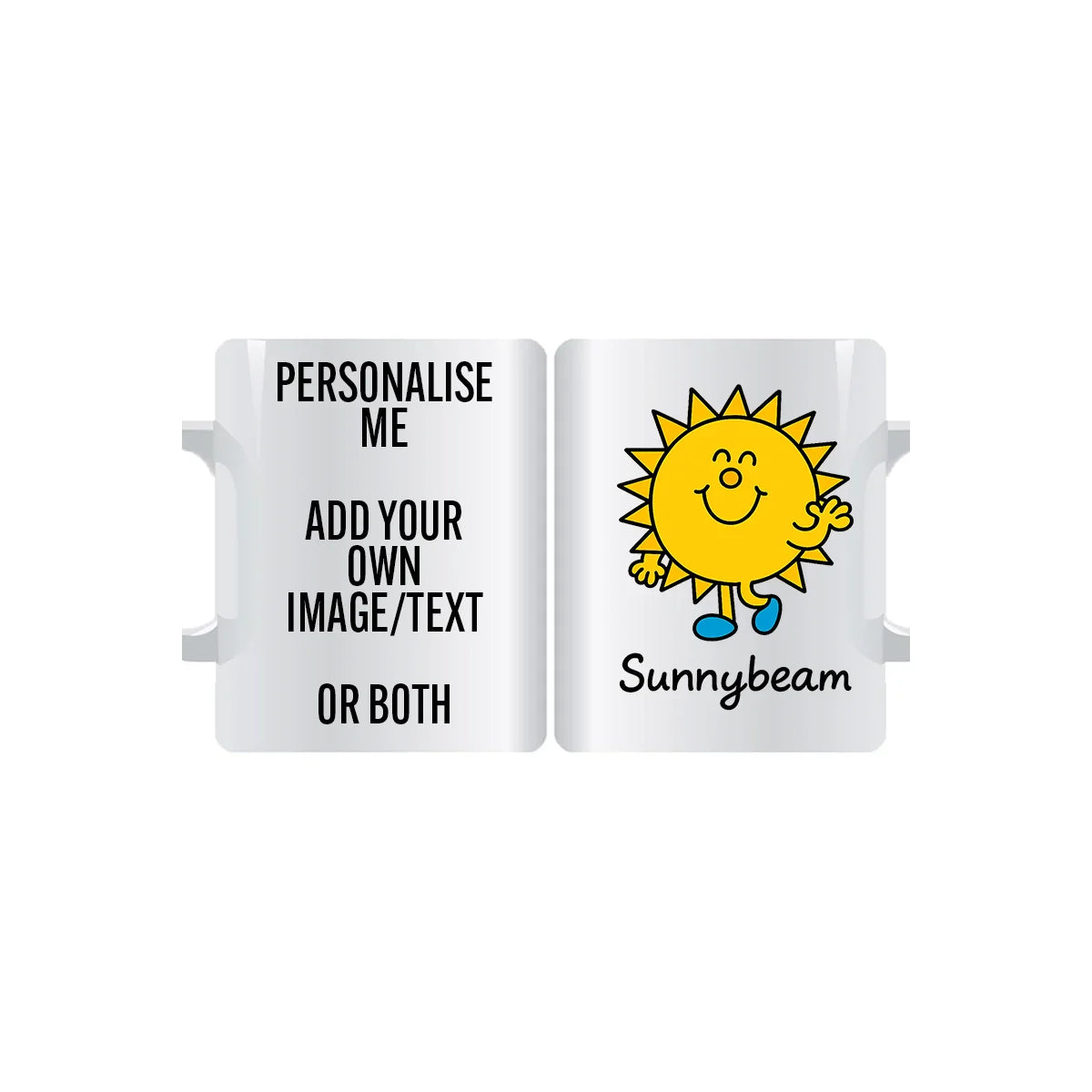 "Golden Glow Miss Sunshine Sunnybeam personalised mug – radiant sun character custom coffee cup gift"
