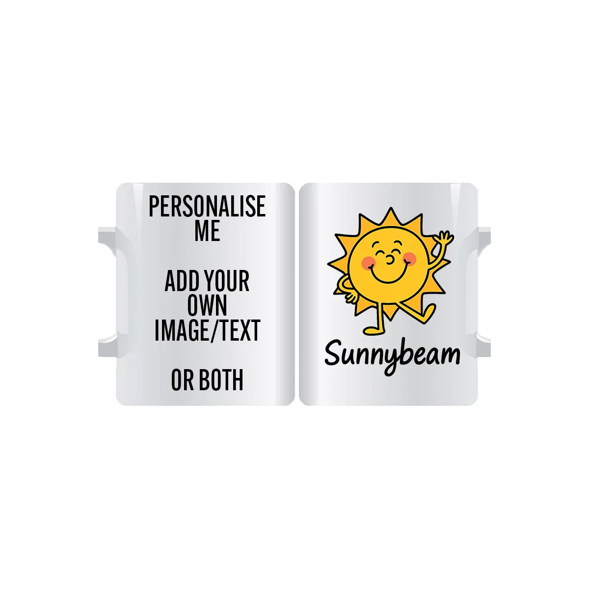 Golden Glow Sunnybeam Sunshine personalised mug with cheerful sun character design, custom name or message option, perfect uplifting gift