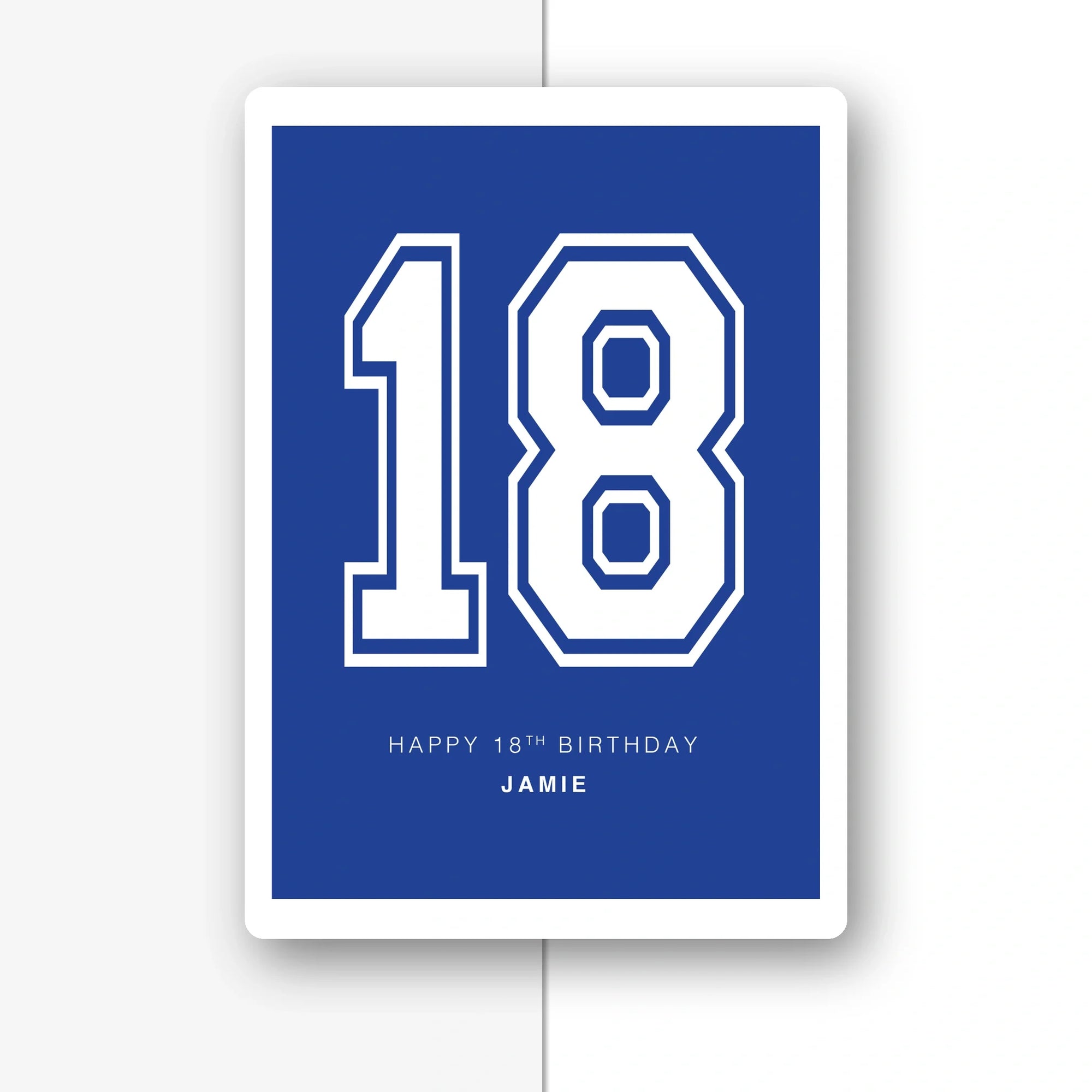 bold blue Adult Alert 18th birthday card, personalised name, premium folded card, half light grey background with soft shadow