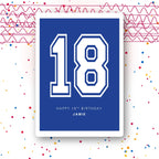 bold blue Adult Alert 18th birthday card, personalised name, premium folded card, party confetti mockup background