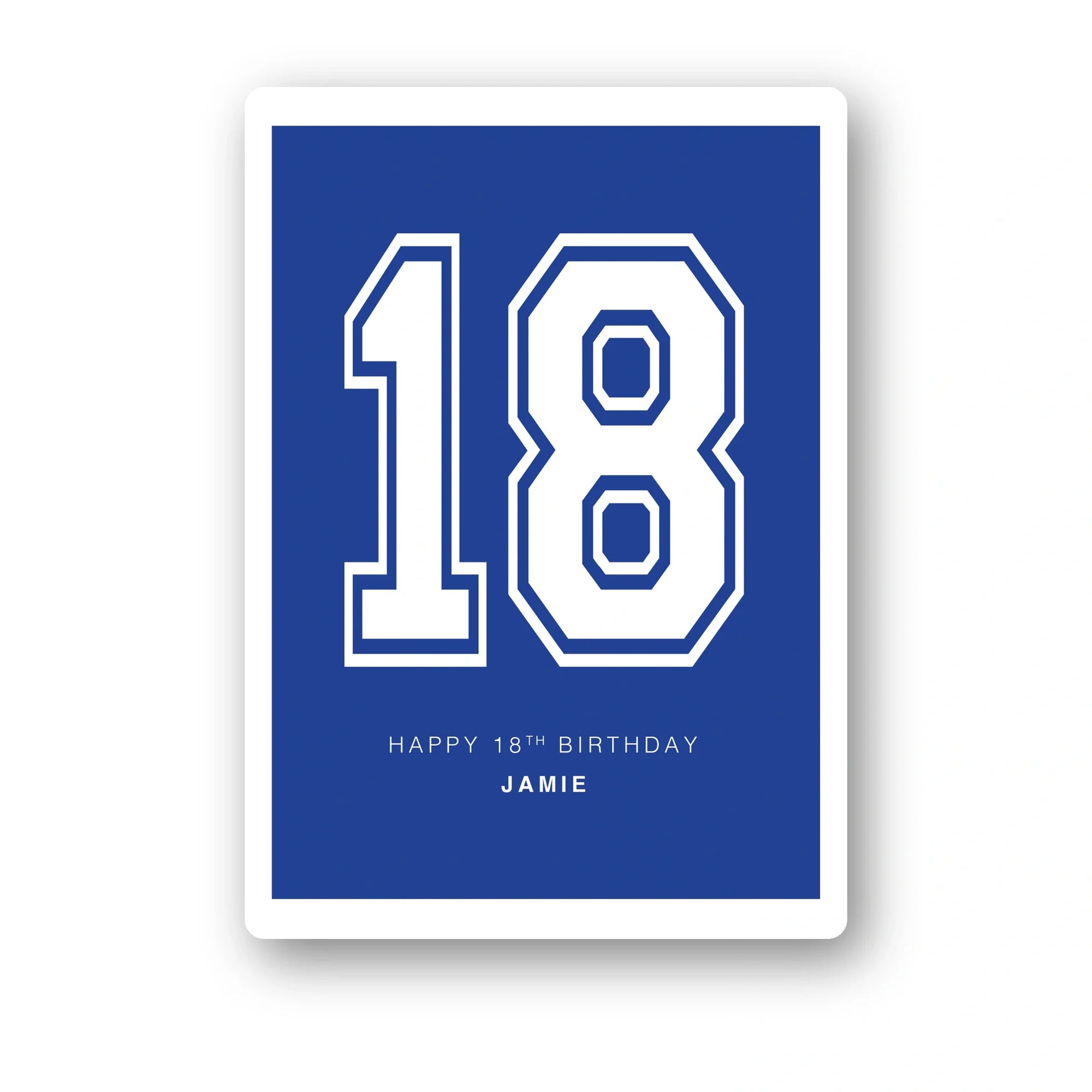 bold blue Adult Alert 18th birthday card, personalised name, premium folded card, clean white background mockup