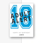 hot pink Adult Alert 18th birthday card, custom name, vibrant print on folded card, half light grey background with soft shadow