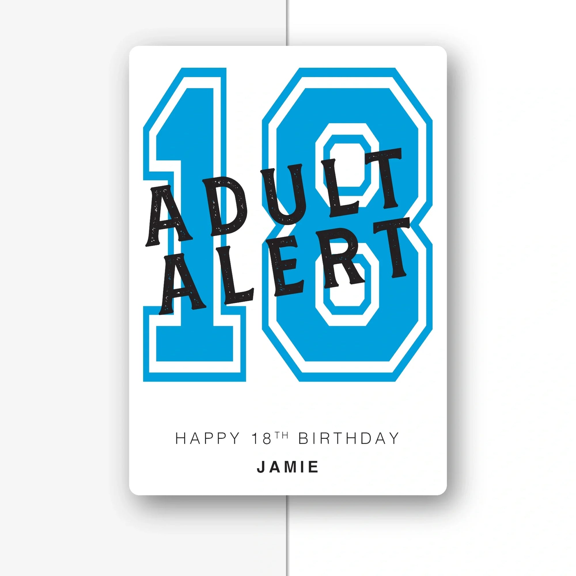 hot pink Adult Alert 18th birthday card, custom name, vibrant print on folded card, half light grey background with soft shadow