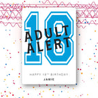 hot pink Adult Alert 18th birthday card, custom name, vibrant print on folded card, party confetti mockup background